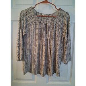 Lucky Brand Boho Knit Tunic Top Black Beige Tribal Stripe 3/4 Sleeve Size SMALL